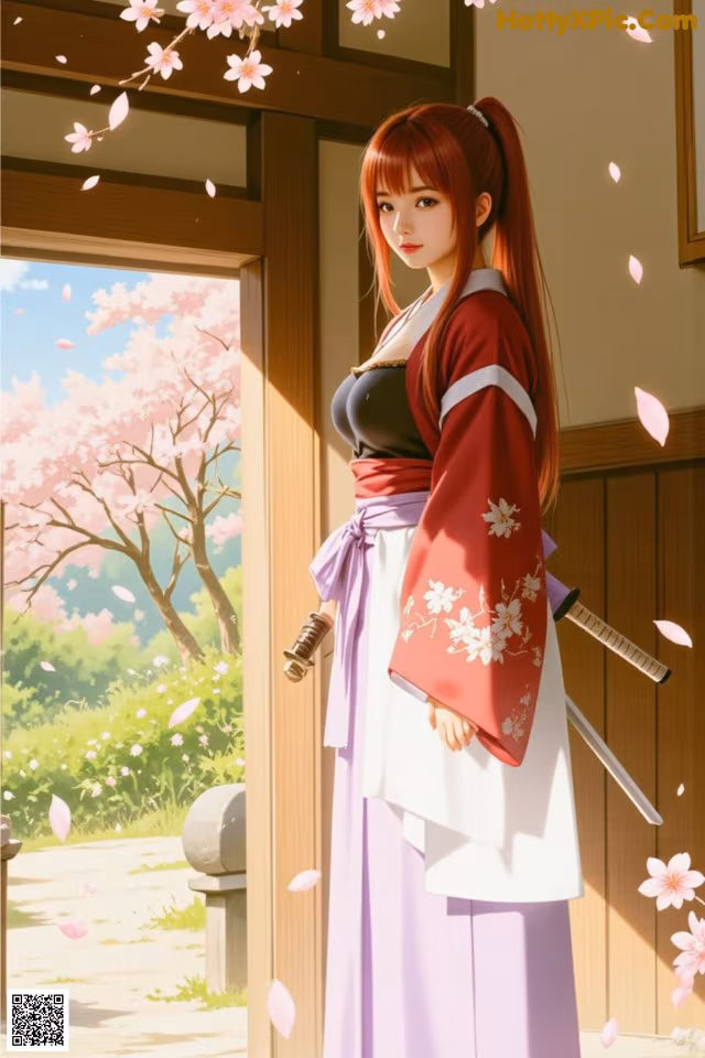 A woman in traditional attire stands by an open door, holding a sword, with cherry blossoms falling around her.