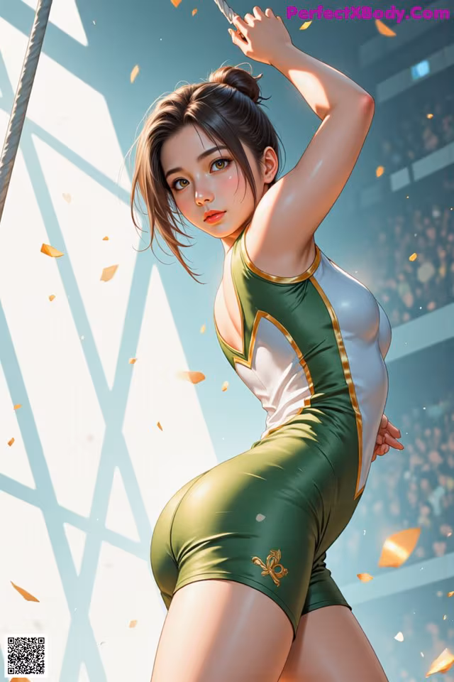 A woman in a green and white outfit holding a sword.