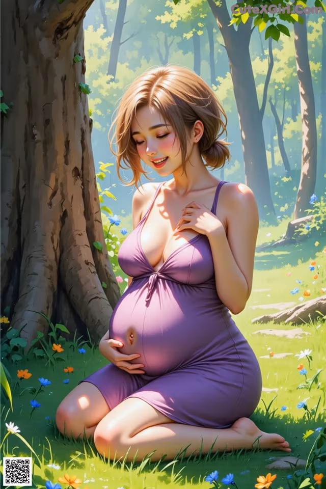 A pregnant woman in a purple dress sitting in the grass.