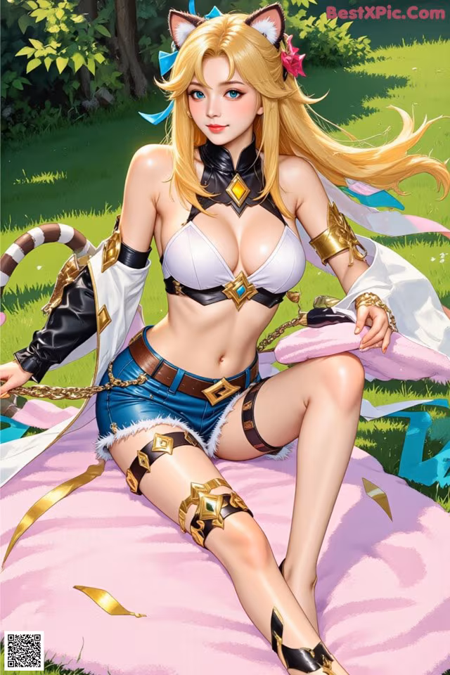 A woman in a bikini sitting on a blanket in the grass.