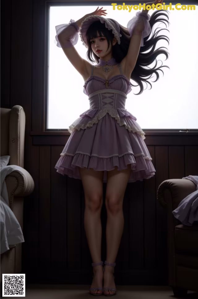 A woman in a purple dress standing in front of a window.