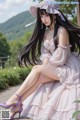 A woman in a pink dress and hat sitting on a bench.