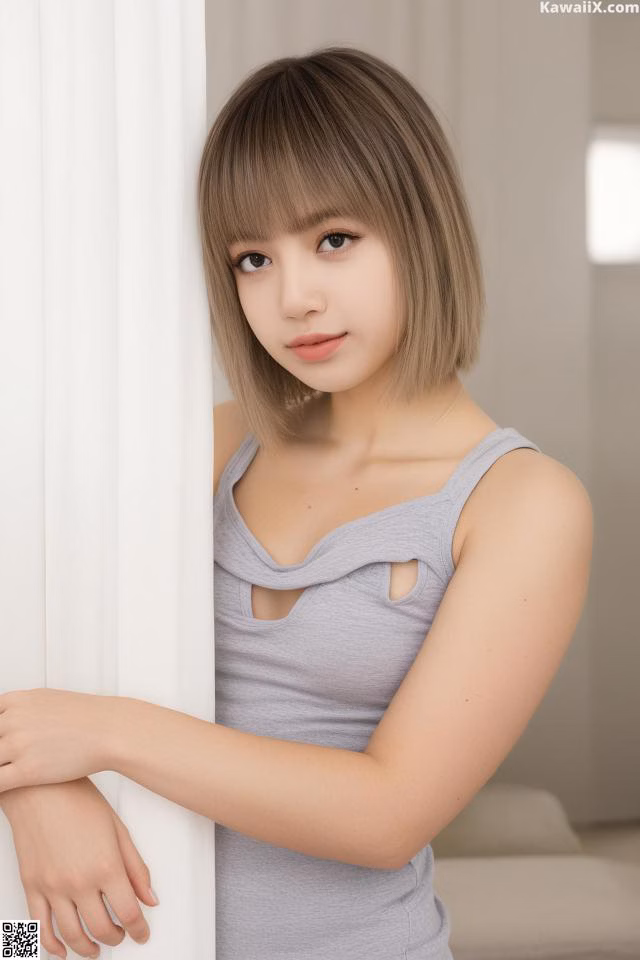 A woman in a gray tank top leaning against a white wall.