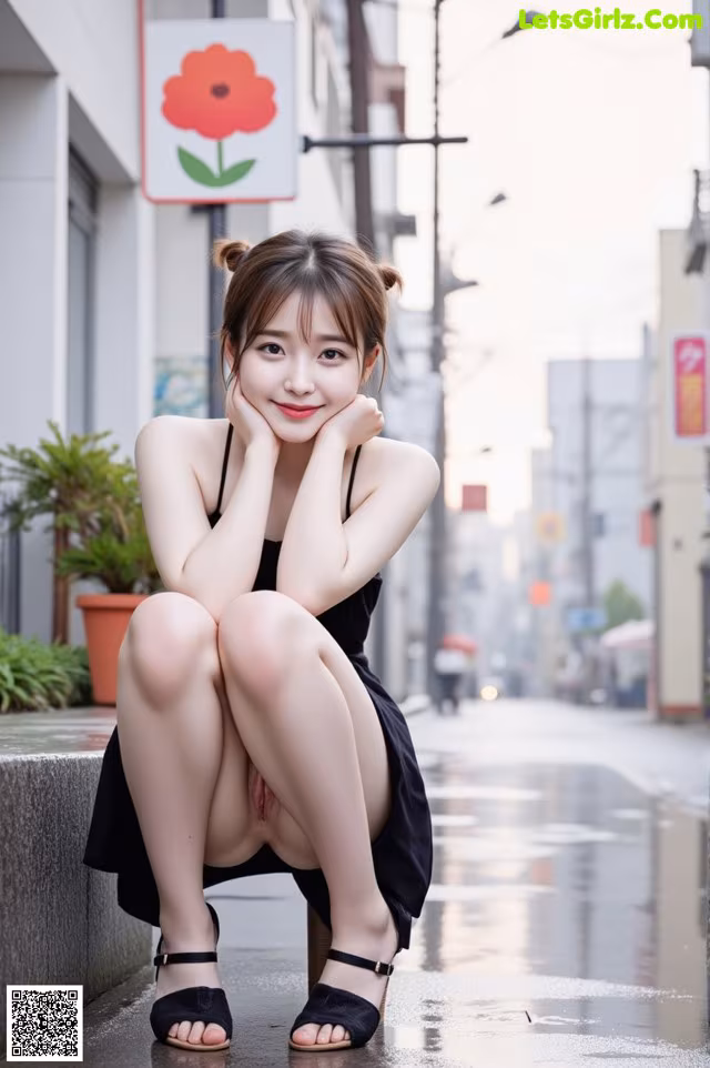 A woman in a black dress sitting on a ledge.