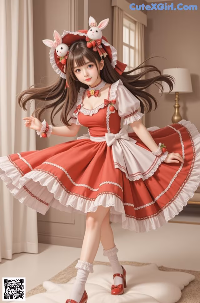 a woman in a red and white dress and hat