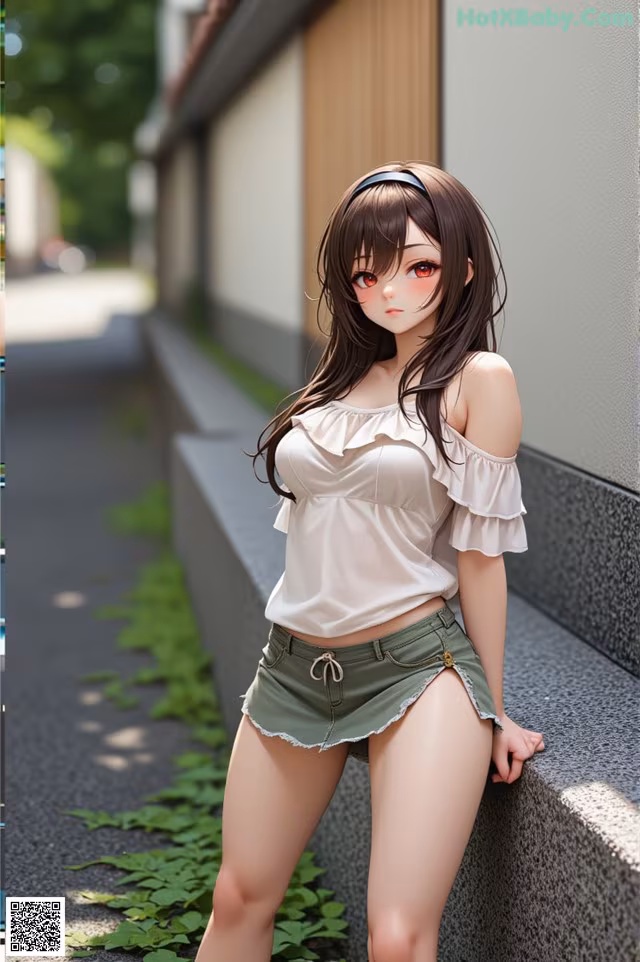A woman in a white top and green shorts leaning against a wall.