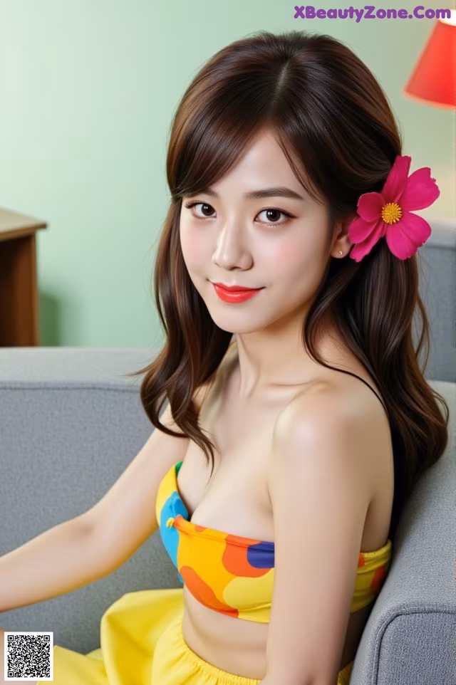 A woman sitting on a couch with a flower in her hair.