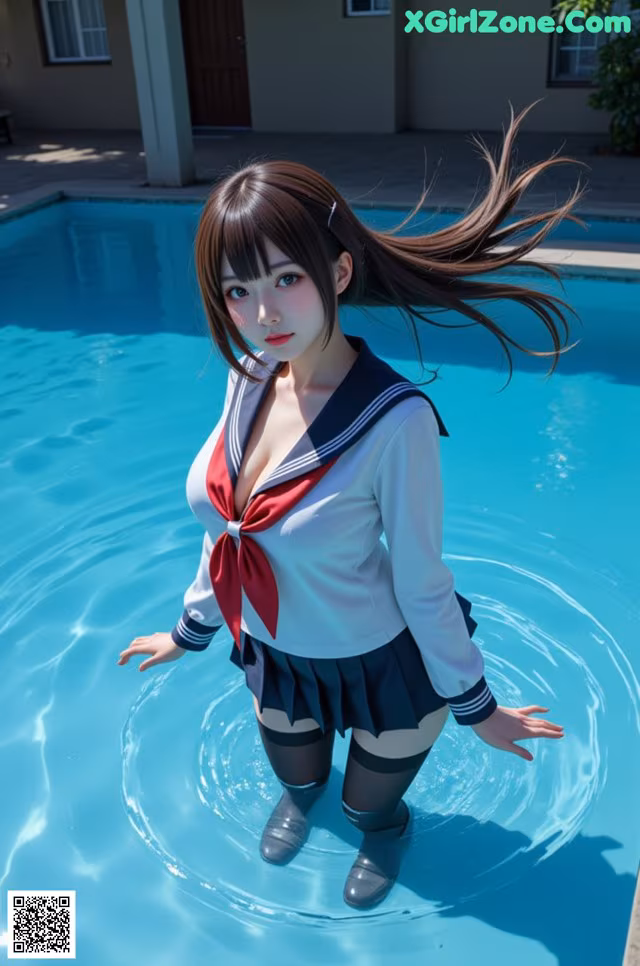 A woman in a sailor outfit standing in a pool.