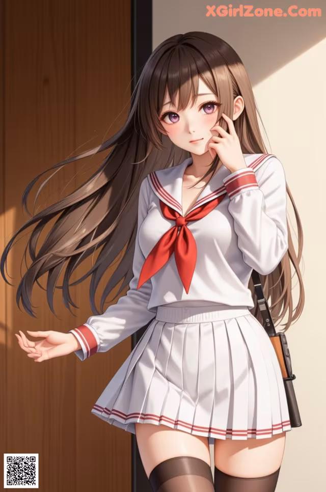 A girl in a school uniform talking on a cell phone.