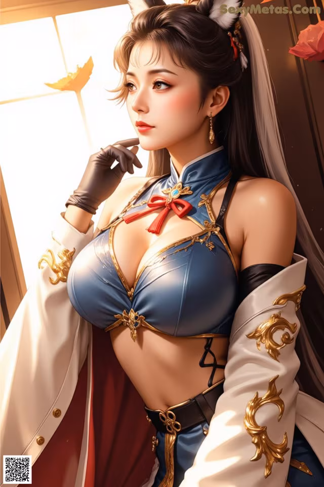 A woman in a blue and white outfit with a cat ears on her head.