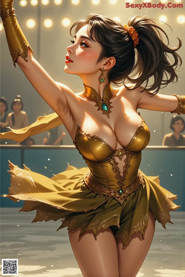 A woman in a gold dress dancing on a stage.