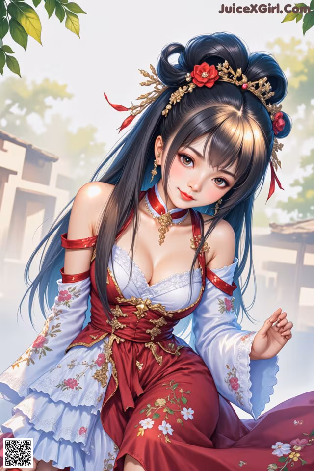 A woman in a red and white dress sitting on the ground.