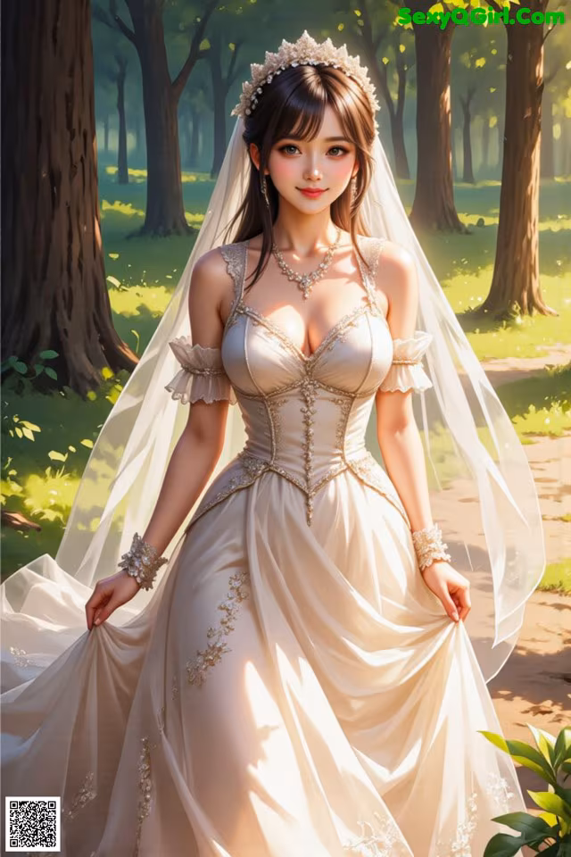 A woman in a wedding dress standing in a forest.