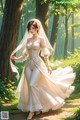 A woman in a wedding dress walking through a forest.