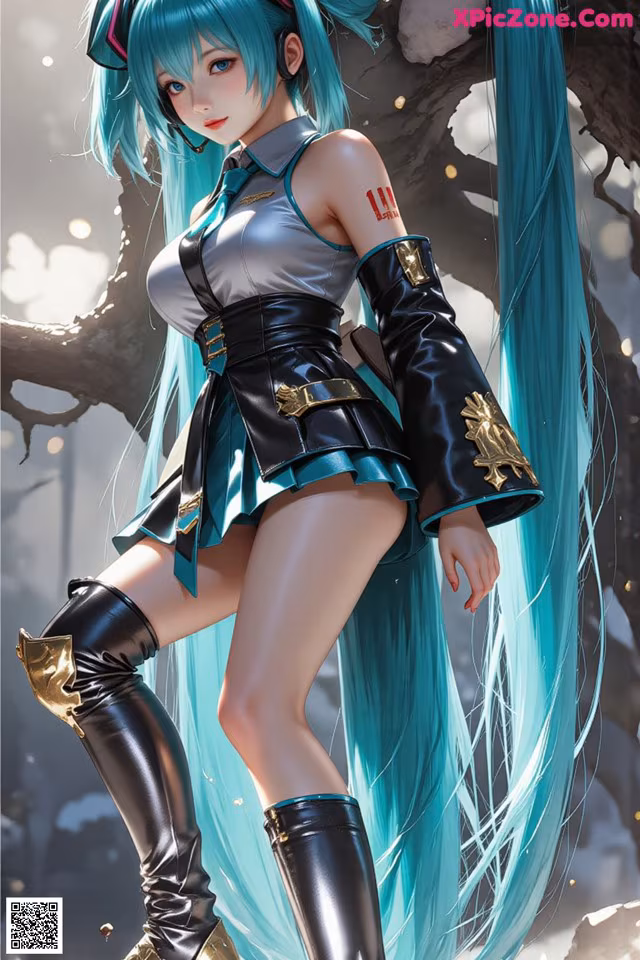 A woman with long blue hair standing in front of a tree.
