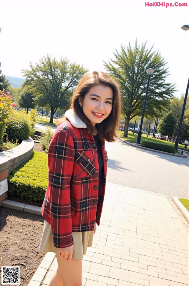 A woman wearing a red and black plaid jacket with a fur collar.