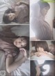 A collage of photos of a woman laying on a bed.