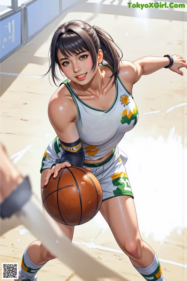 A woman holding a basketball on a basketball court.
