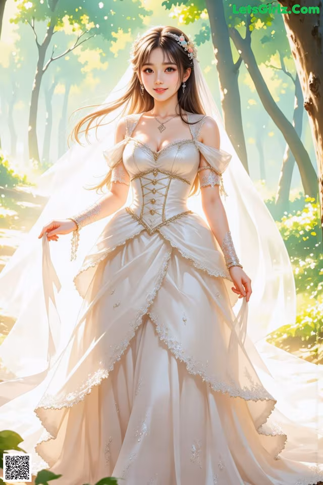 A woman in a wedding dress standing in the woods.