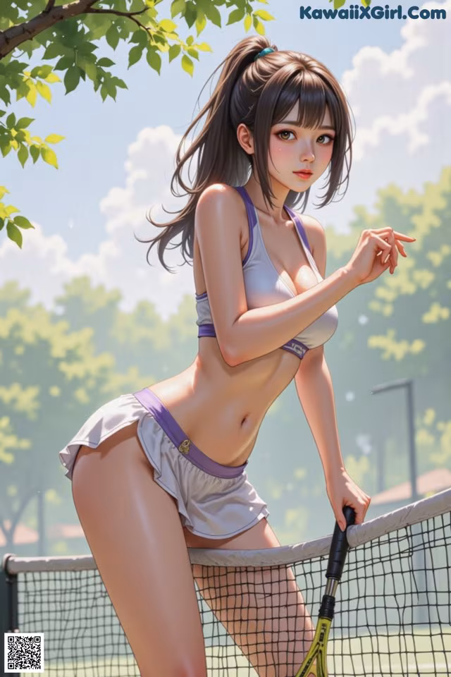 A woman in a bikini holding a tennis racket.